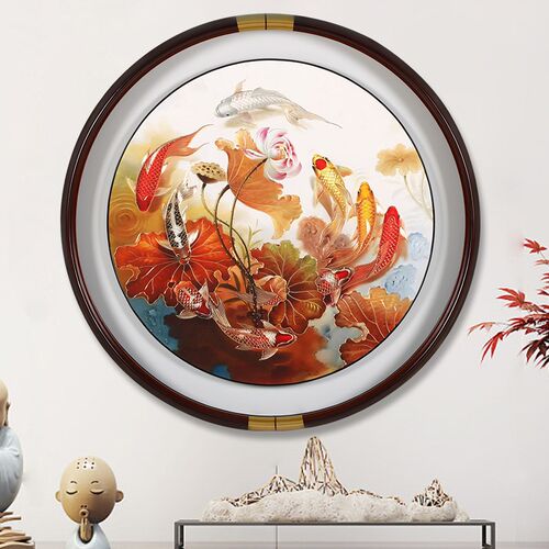 进门生财圆玄关装饰画荷花九鱼聚财图挂画高端客厅沙发背景墙新款