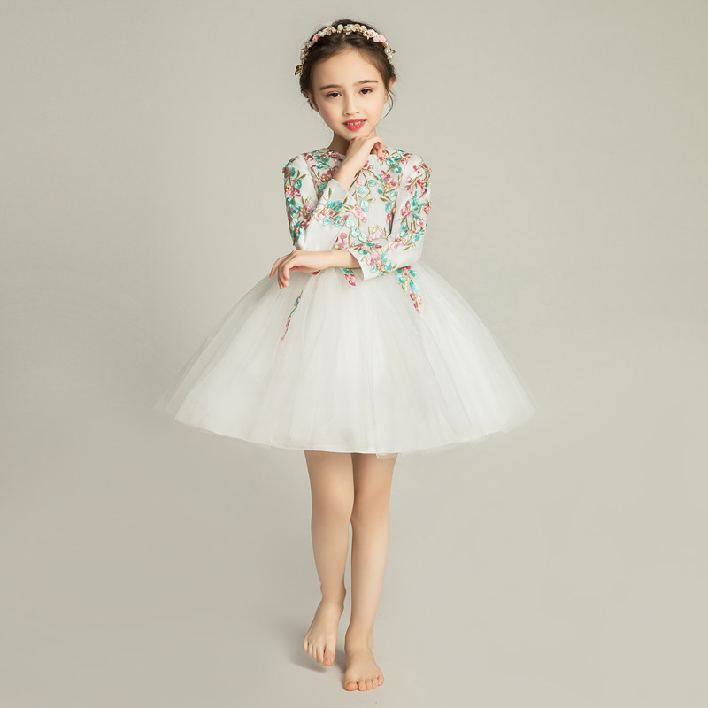 女童晚礼服公主裙蓬蓬纱裙小花童长袖儿童婚纱生日宴会钢琴演出服