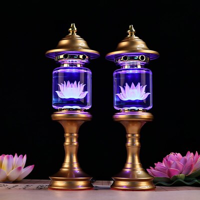 插电款神社灯七彩变光 佛家莲花长明灯家用充电观音供灯 水晶合金