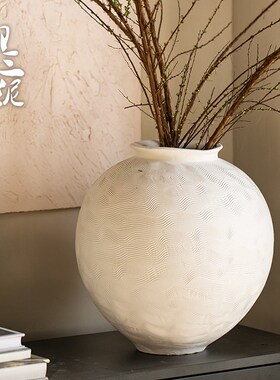 手工拉丝侘寂风粗陶花瓶白色月亮罐插干花摆件客厅可水养鲜花花器