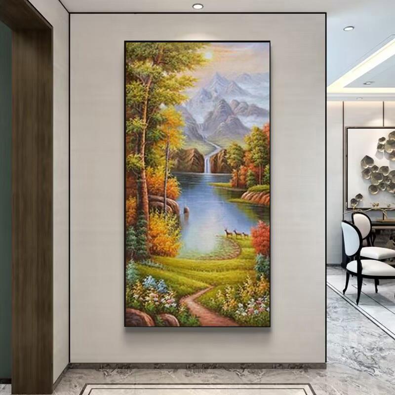 欧式风景手绘油画客厅山水玄关走廊过道装饰画竖版风景挂画聚宝盆