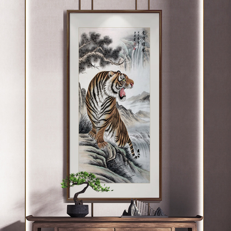 中式上山虎挂画入户玄关走廊楼梯客厅装饰画老虎画猛虎下山图壁画