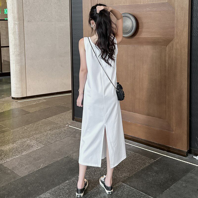 黑色吊带连衣裙女2024夏季宽松背心裙无袖打底裙开叉长裙显瘦裙子
