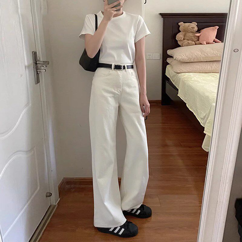 白色窄版阔腿牛仔裤女2025年春秋新款高腰小个子宽松垂感直筒裤子