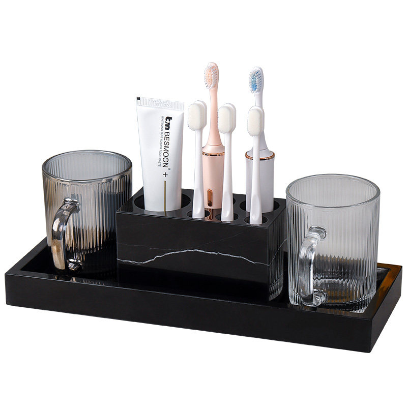 大理石电动牙刷架高端 台面洗手台漱口杯牙刷杯托盘置物套装轻奢