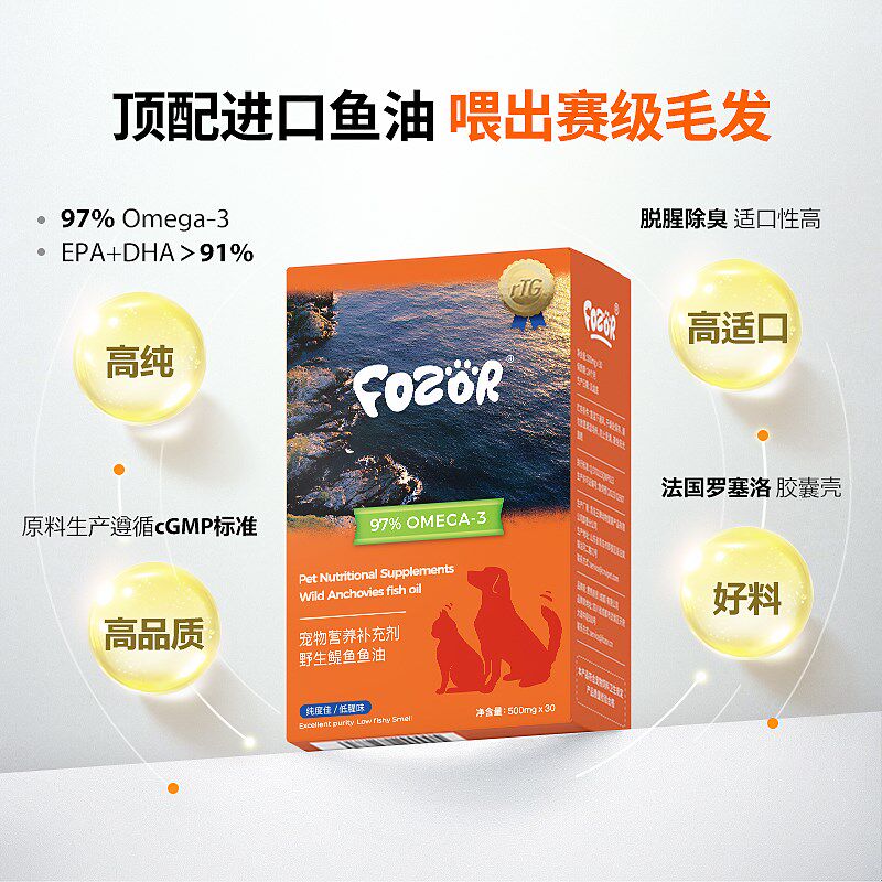 【去腥味】FOZOR宠物鱼油猫狗美毛防掉毛97%高纯Omega3鳀鱼油rTG