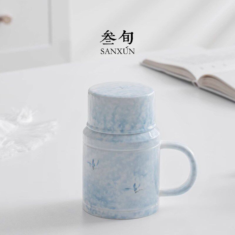 叁旬手绘兰花泡茶杯大容量茶水分离杯子办公室陶瓷带盖过滤马克杯