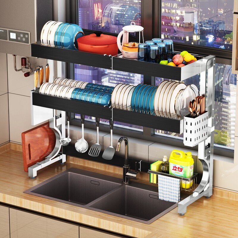 太空铝+304不锈钢可伸缩厨房水槽置物架放碗碟架沥水架碗盘收纳架