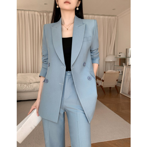 蓝色休闲西装套装女春秋款2024新款阔腿裤职业正装高级感西服外套