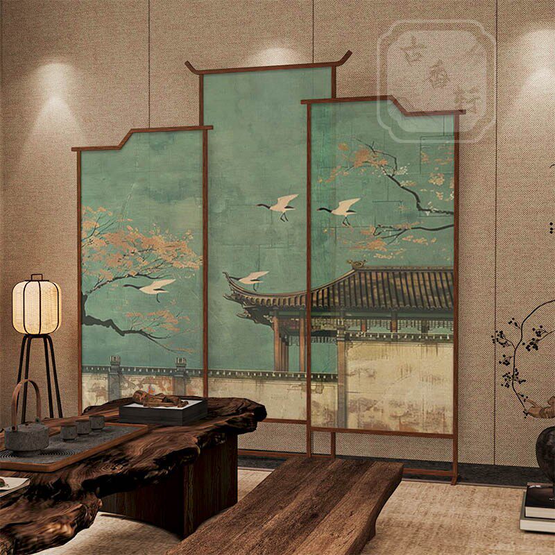 新中式实木屏风移动隔断客厅玄关酒店办公室座屏茶室背景墙飞鹤画