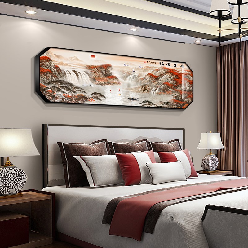 网红卧室装饰画新中式床头挂画主卧中国风墙画镶钻晶瓷画酒店房间