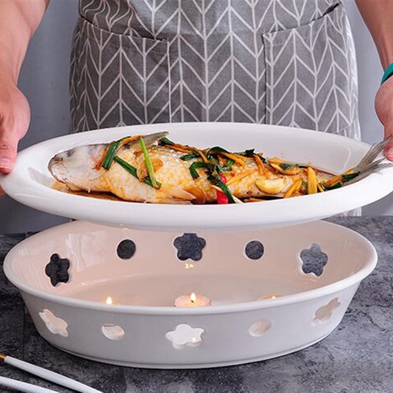 餐馆蒸鱼盘可加热中餐椭圆乳猪商用酒席保温菜盘姜葱鸡烧鹅川菜盘