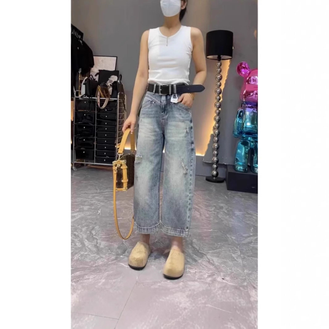 九分破洞阔腿牛仔裤女春夏款大码梨型身材高腰宽松显瘦直筒奶奶裤