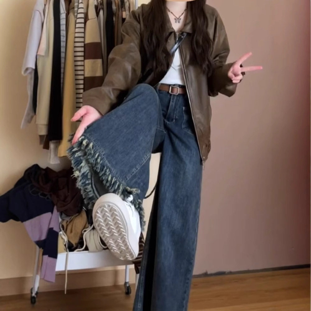 毛边a版阔腿牛仔裤女梨型身材显瘦裤子大码胖mm流苏大裤腿直筒裤
