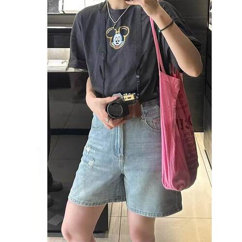 浅色破洞牛仔短裤女夏季大码胖mm宽松显瘦梨形身材五分阔腿中裤子