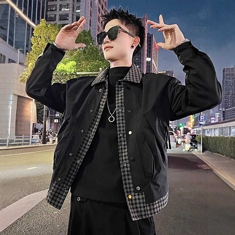 假两件外套男春秋潮牌翻领格子拼接夹克男装2025新款男士秋装上衣