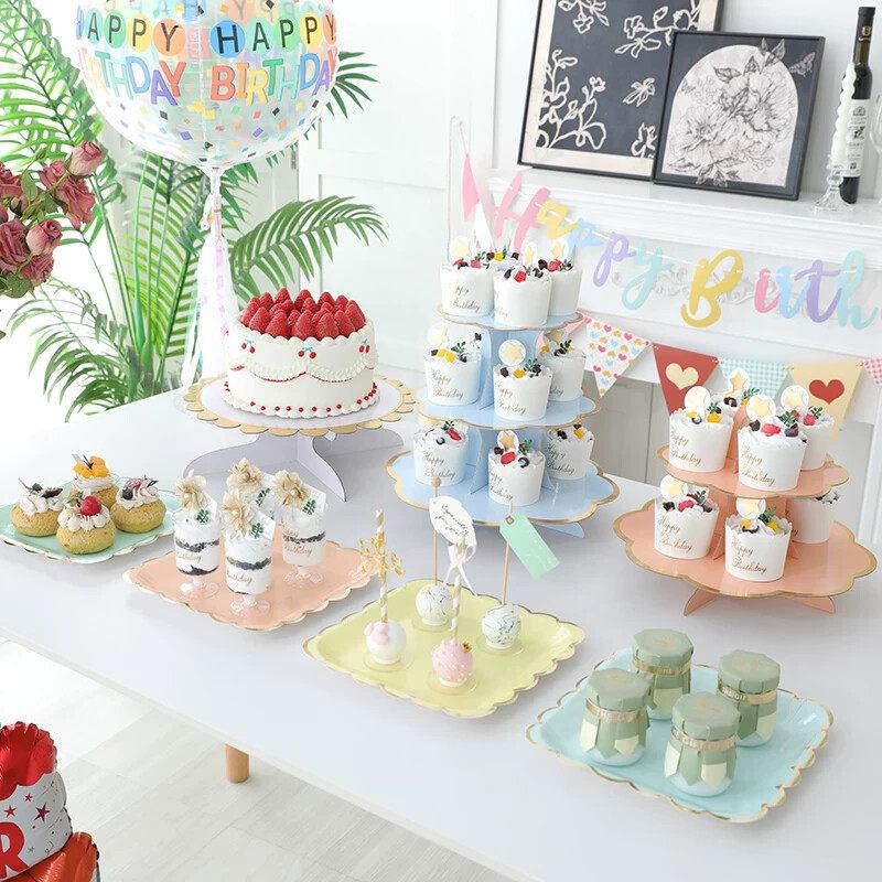 生日布置甜品台摆件婚礼展示架子一次性三层摆台蛋糕托盘点心架
