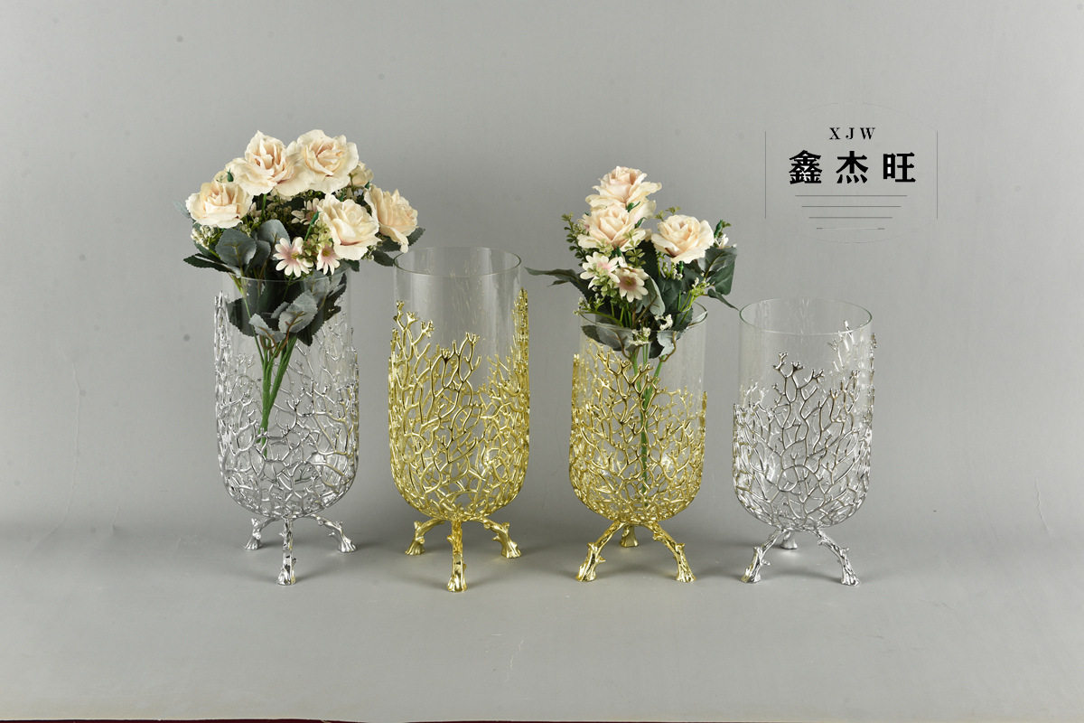 欧式金属玻璃花瓶摆件客厅干插花样板房餐桌花器创意轻奢桌面装饰