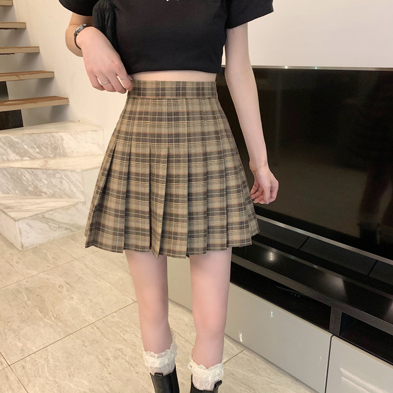 大码学院风高腰百褶裙格子半身裙女胖mm短裙裤夏季新款a型褶皱裙