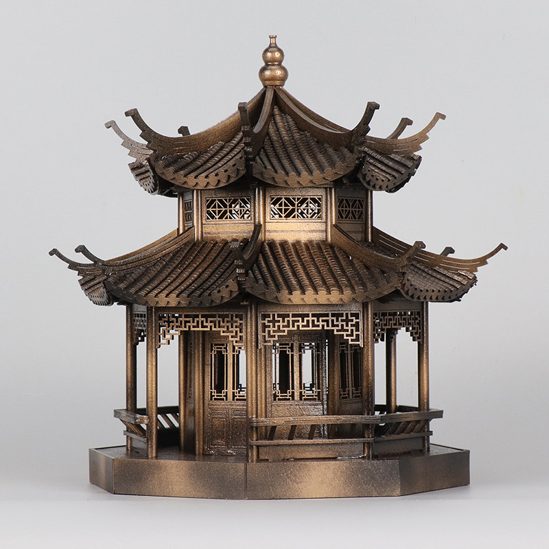 新中式禅意古铜色建筑中国风玄关柜茶桌八角凉亭样板间售楼部摆件