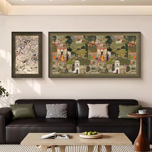 中古风客厅装饰画绿色轻奢沙发背景墙壁画高级感复古艺术挂画双联