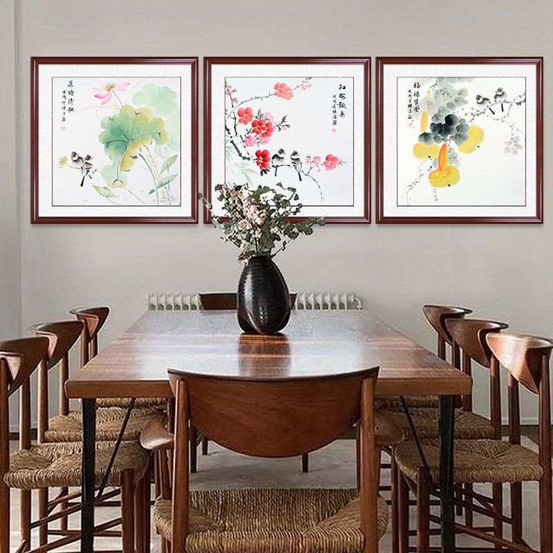 纯手绘国画牡丹花鸟画中式客厅沙发三联装饰挂画卧室玄关壁画字画