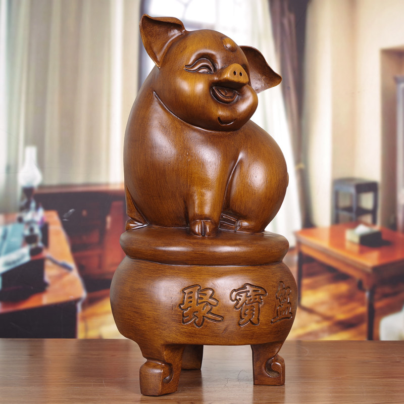 招财猪摆件实木雕塑聚宝盆礼品中式客厅电视柜玄关桌面装饰工艺礼
