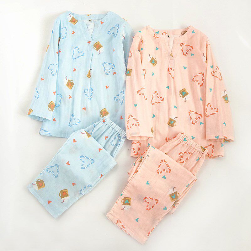 春夏纯棉双层纱布儿童男童女童长袖裤套头睡衣中童全棉家居服套装