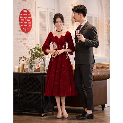 大码敬酒服新娘胖mm酒红色结婚小个子回门便装女订婚连衣裙高级感