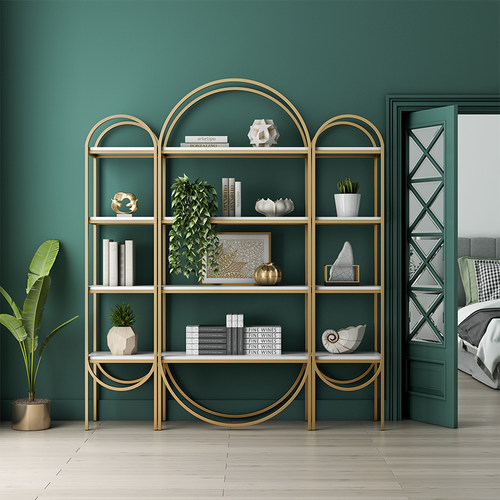 北欧屏风隔断置物架装饰展示架金色多层书架柜落地隔板实木储物柜