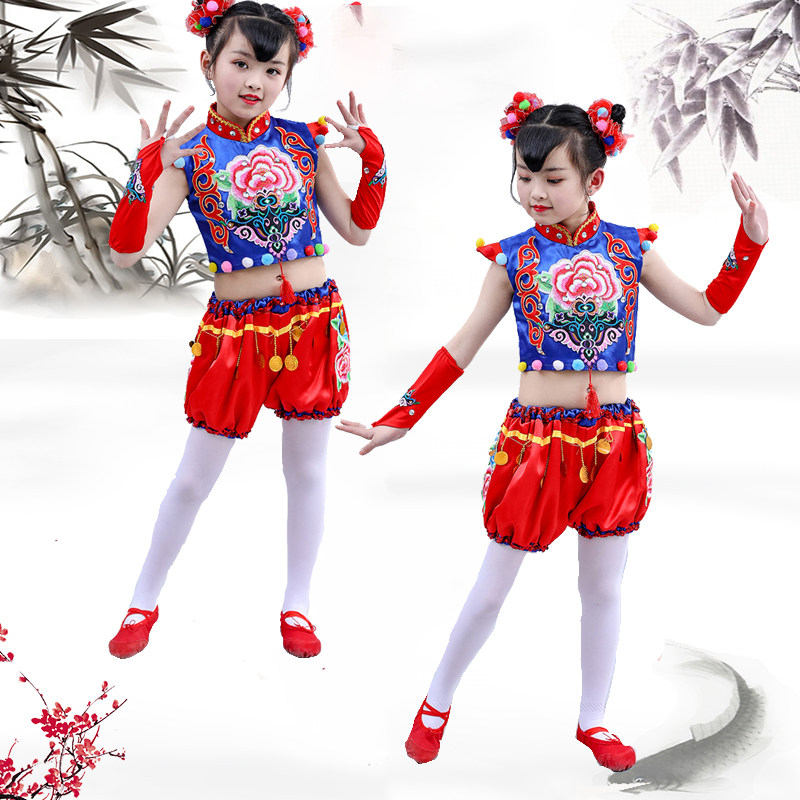 中国梦娃儿童演出服女童舞蹈服喜庆打鼓开门小荷风采碗趣豆汁表演
