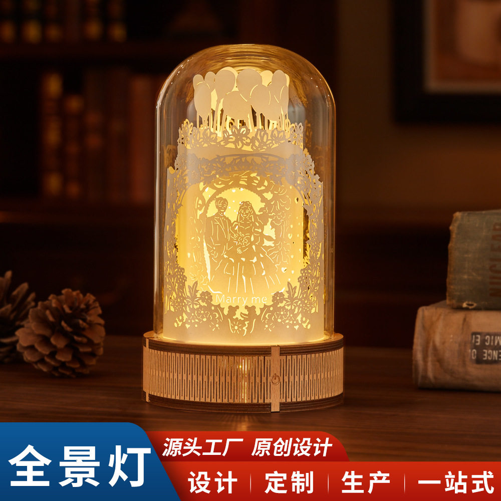 创意礼品木雕灯全景玻璃罩纸雕灯摆件小夜灯生日礼物装饰台灯定制图片