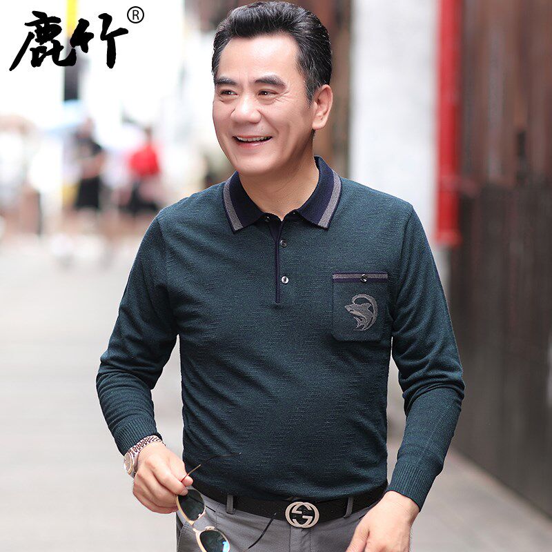 爸爸秋装长袖t恤中年男士薄款Polo衫中老年人爷爷休闲上衣服男装