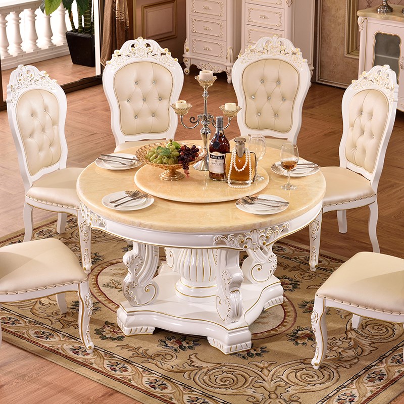 大理石餐桌 豪华欧式圆桌实木椅组合大理石餐桌白色双层转盘圆桌