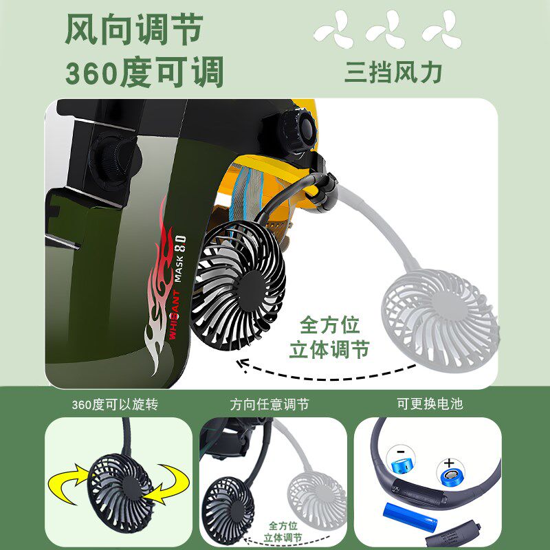 电焊防护罩防烤脸焊帽护眼轻便电焊面罩带灯带风扇自动变光头戴式