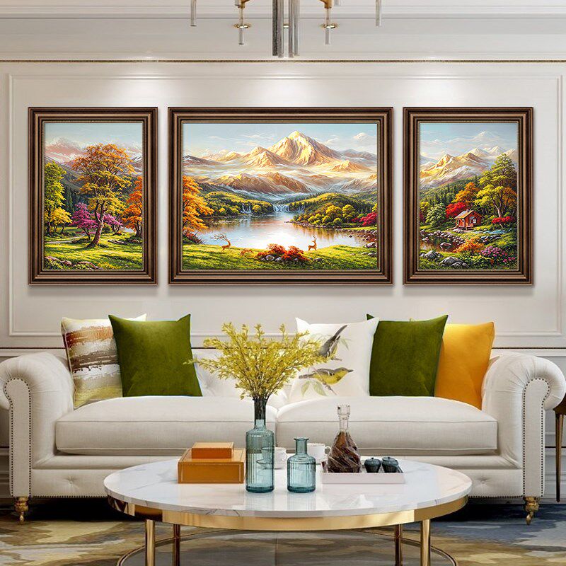 山水画客厅挂画手绘油画美式沙发背景墙装饰画金山聚宝盆风景壁画