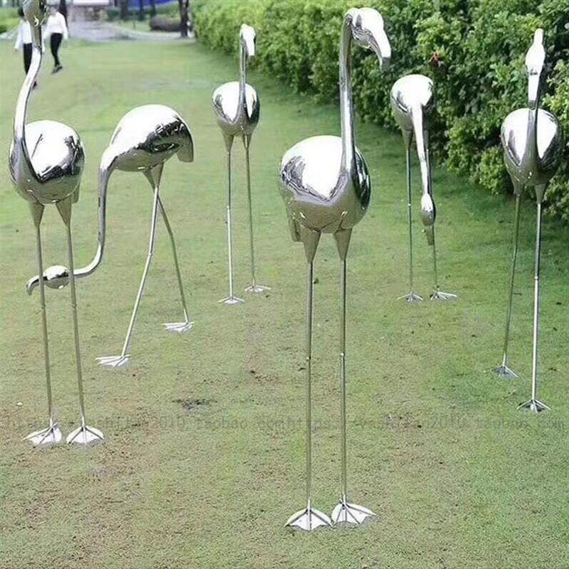 创意特色不锈钢金属鸟类雕塑银色金色火烈鸟鹤和平鸽鸟群装置艺术