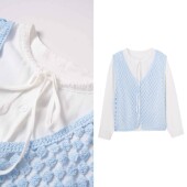 两件套1008 小香风奶蓝色2026早春叠穿背心小衫 玉米专享