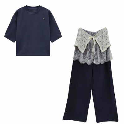 【爆米花专享】设计感蕾丝拼接卫衣+阔腿裤两件套女时尚套装1101