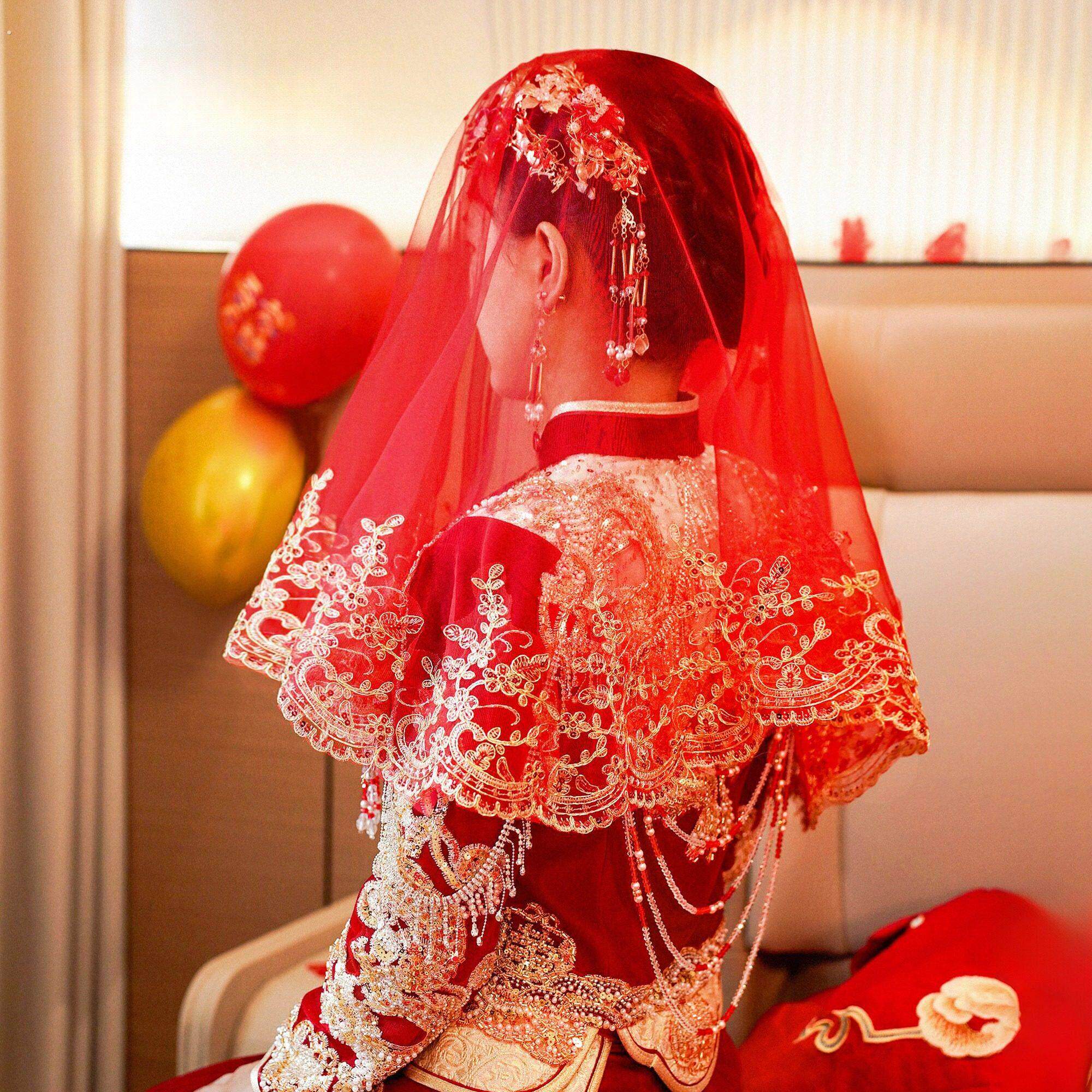新娘出嫁半透明红盖头结婚头纱秀禾服喜帕中式婚纱婚庆红色蒙头巾