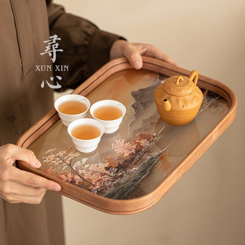 寻心中式玻璃托盘复古竹制干泡茶盘水果点心盘功夫茶具茶杯收纳盘