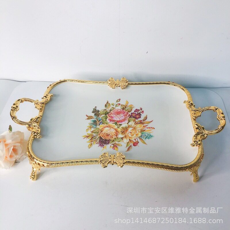 欧式简约陶瓷端盘锌合金材料水果点心蛋糕摆饰蝴蝶点缀精美果盘