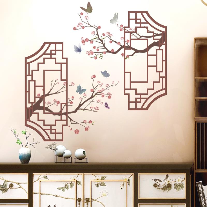 创意桃花墙贴纸花开富贵中式字画风景画卧室床头背景墙面装饰贴画