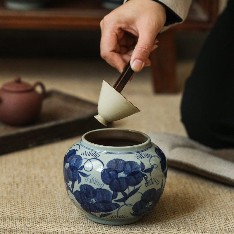 手绘青花瓷景德镇新中式陶瓷建水粗陶水盂茶渣斗茶桌摆件茶道配件