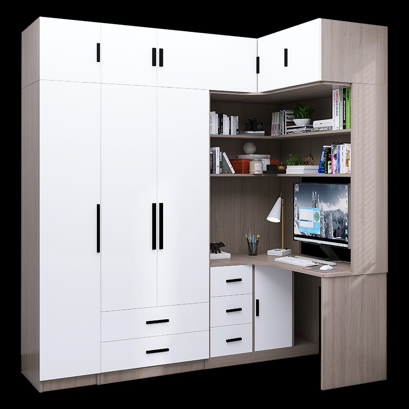 转角书桌衣柜一体组合 小户型卧室实木连体书桌与书架设计 可订制