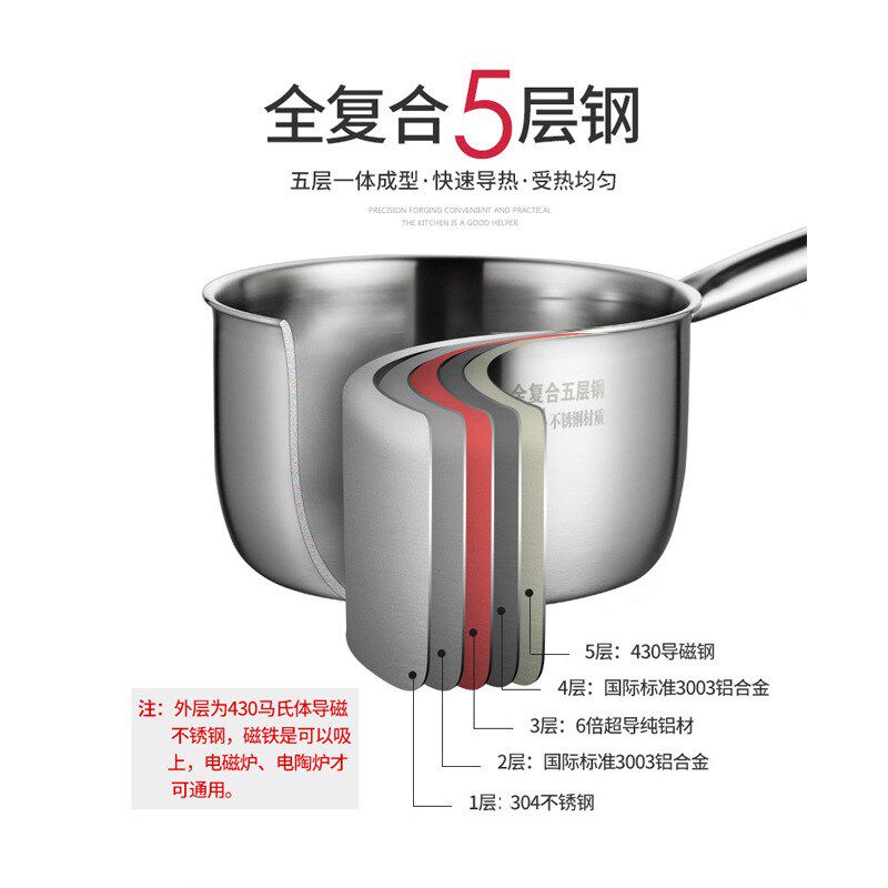 304不锈钢奶锅厨房家用多用小奶锅加厚五层钢底小锅辅食面条小锅