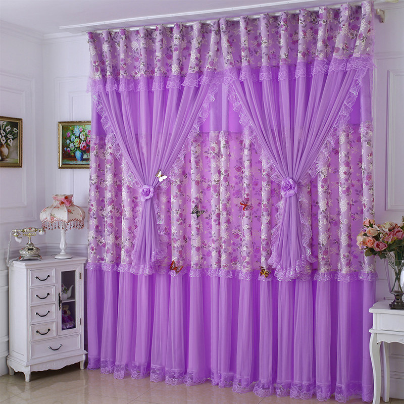 特价高档定制成品窗帘卧室纱布一体韩式温馨加厚粉色紫色遮光布料