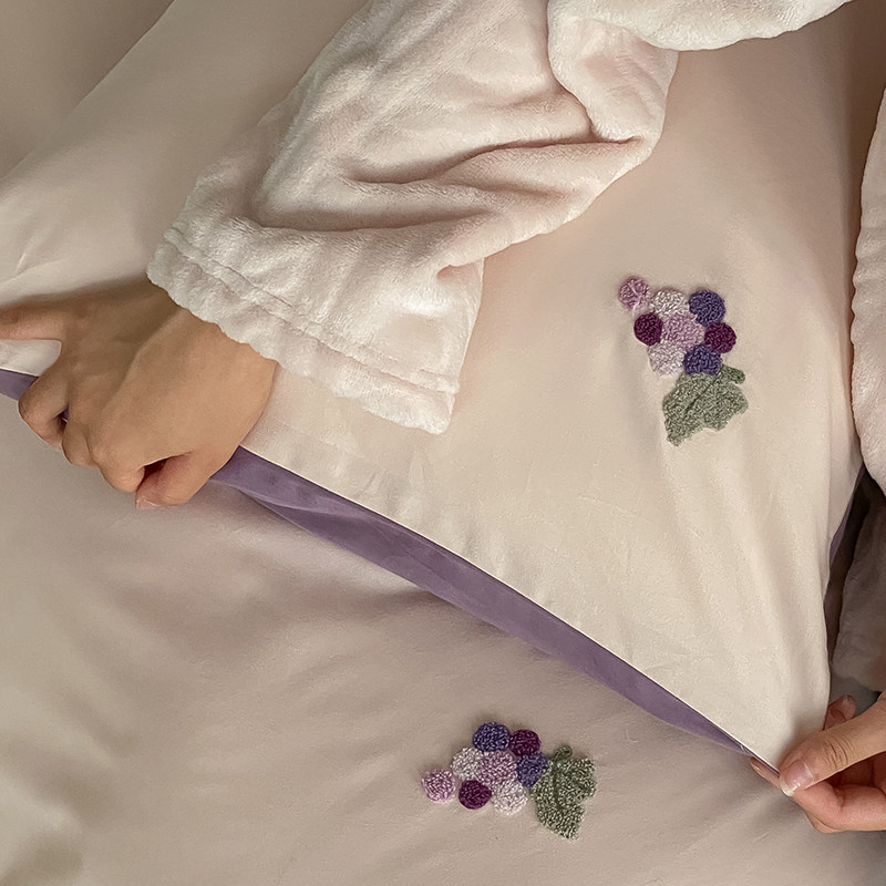 春秋裸睡少女心100s婴儿棉毛巾绣磨毛四件套高端简约纯棉被套床笠