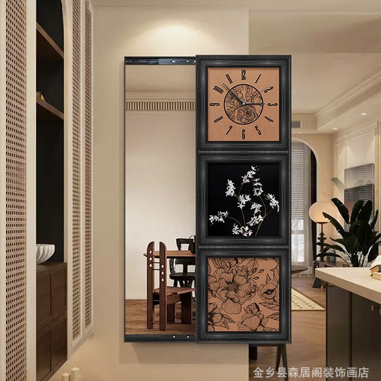 复古方格钟表款装饰画玄关隐藏式中古风穿衣镜新中式暗藏全身镜子
