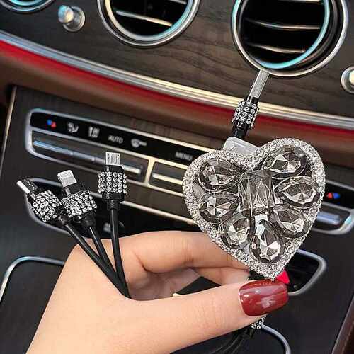 镶钻数据线三合一车载充电线多功能可伸缩便携收纳三口tpyec充电
